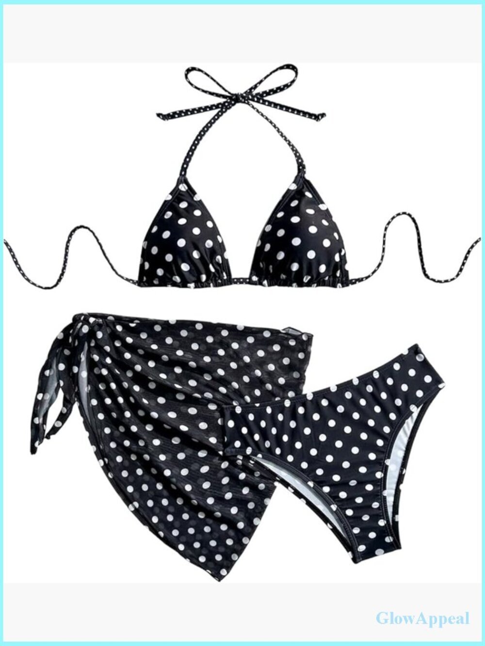 3 Piece Polka Dot Bikini Set Halter Triangle Thong Bathing Suit with Sarong